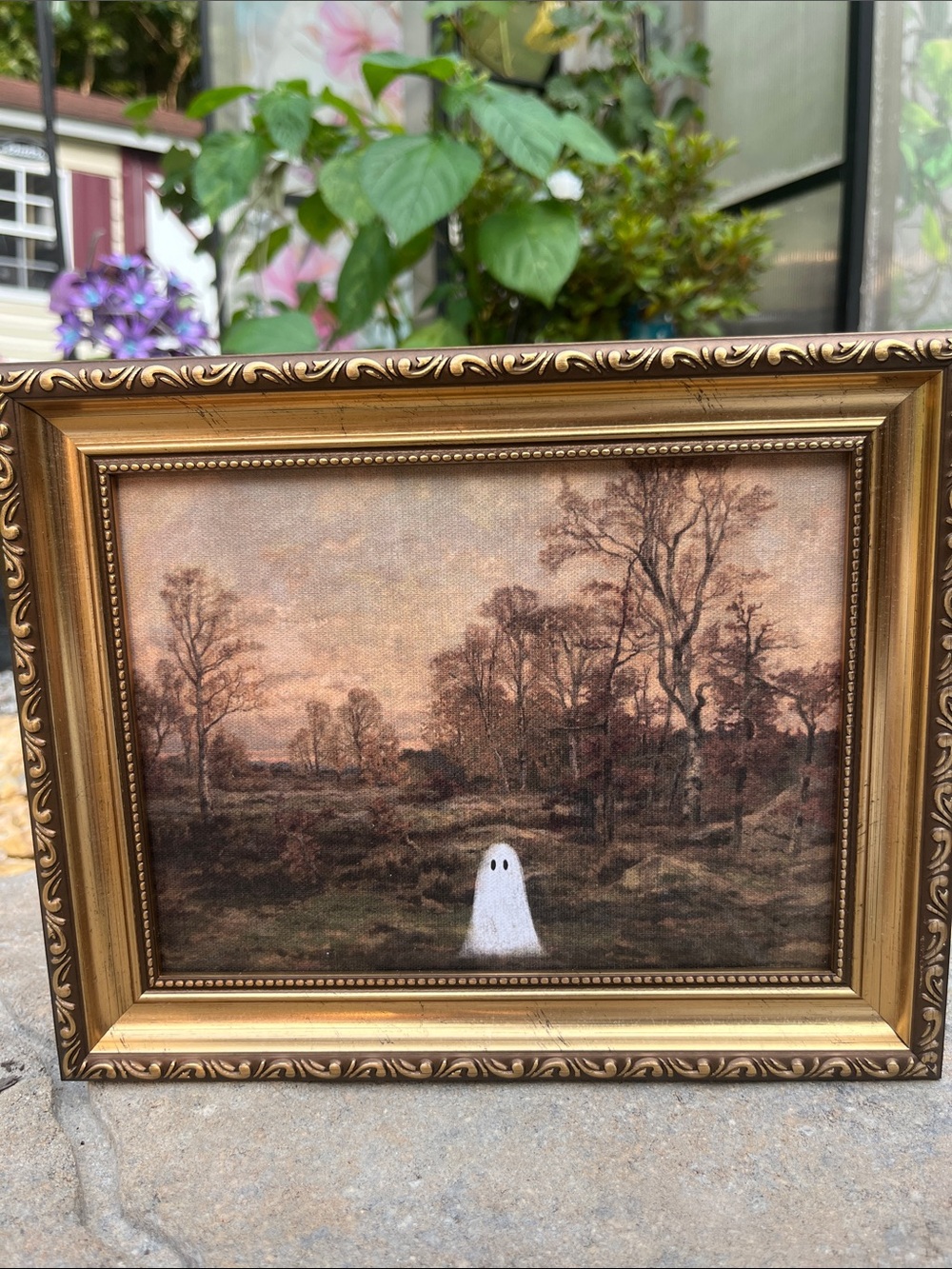 Framed Brown Landscape Painting with White Ghost Accent